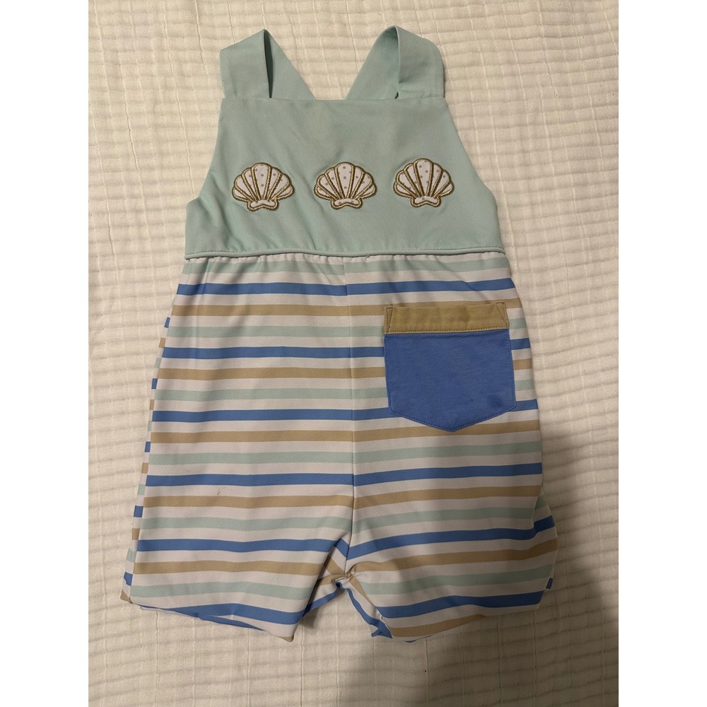 Busy Bee Smocks Boys Striped Seashell Sunsuit Romper Blue Mint 18M